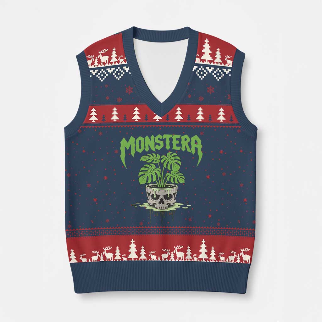 Monstera Lover Houseplant Gift V-Neck Knit Sweater Vest Skull Plant Pot Graphic - Wonder Print Shop