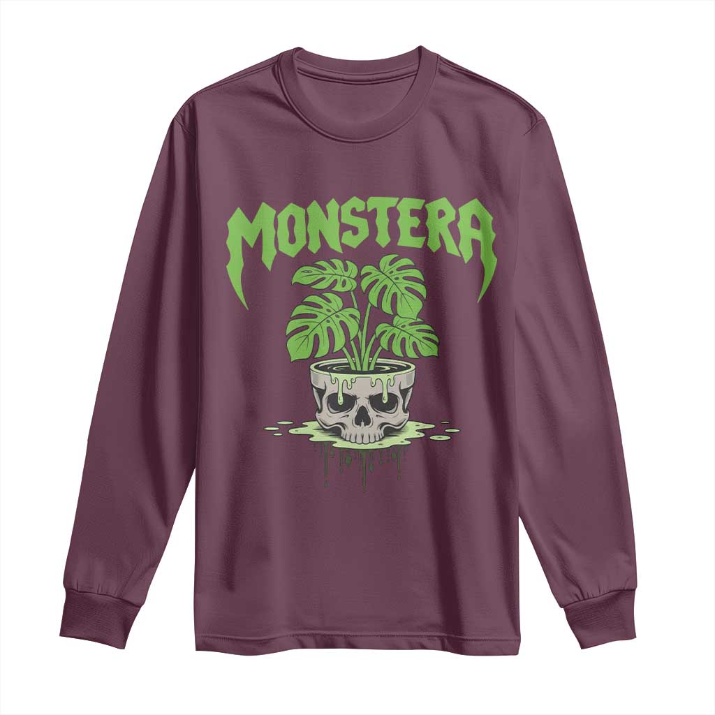 Monstera Lover Houseplant Gift Long Sleeve Shirt Skull Plant Pot Graphic - Wonder Print Shop