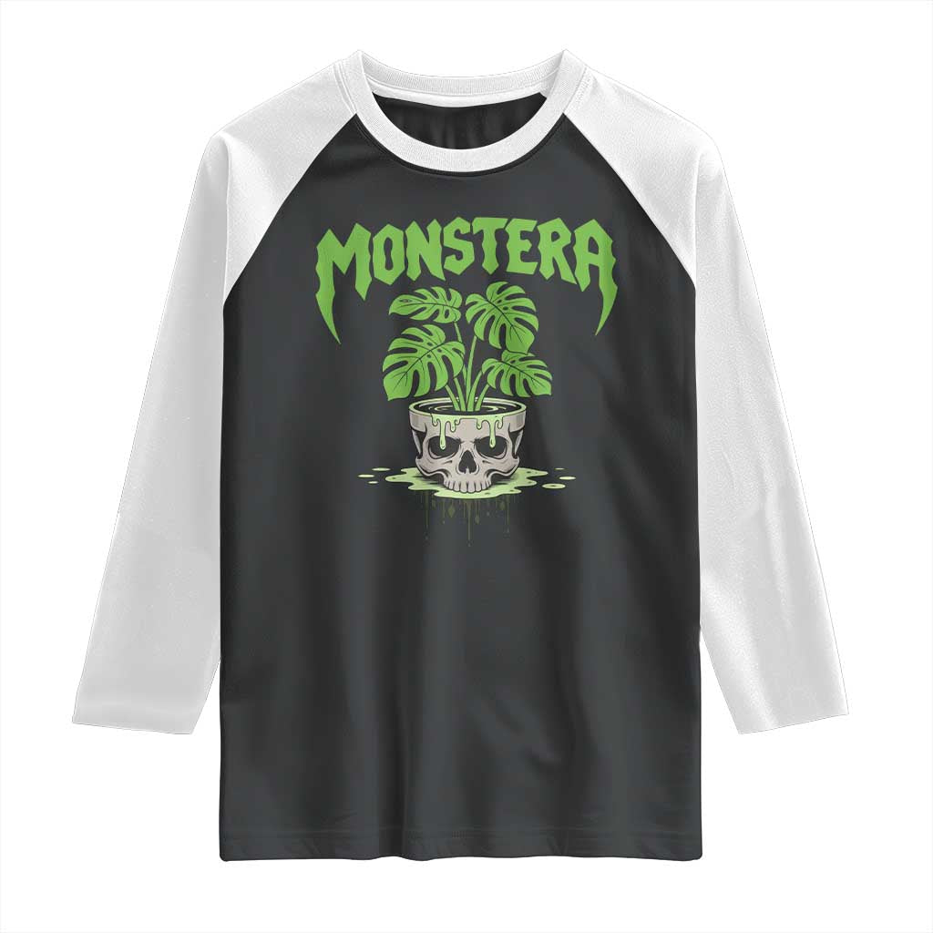 Monstera Lover Houseplant Gift Raglan Shirt Skull Plant Pot Graphic - Wonder Print Shop