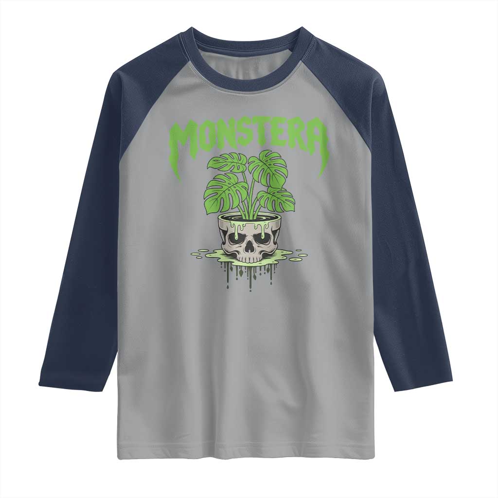 Monstera Lover Houseplant Gift Raglan Shirt Skull Plant Pot Graphic - Wonder Print Shop