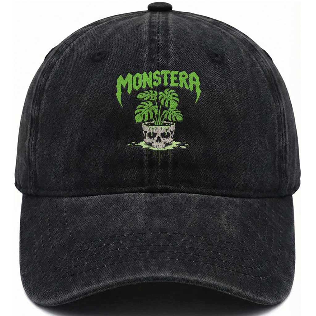 Monstera Lover Houseplant Gift Washed Cotton Baseball Cap Skull Plant Pot Graphic