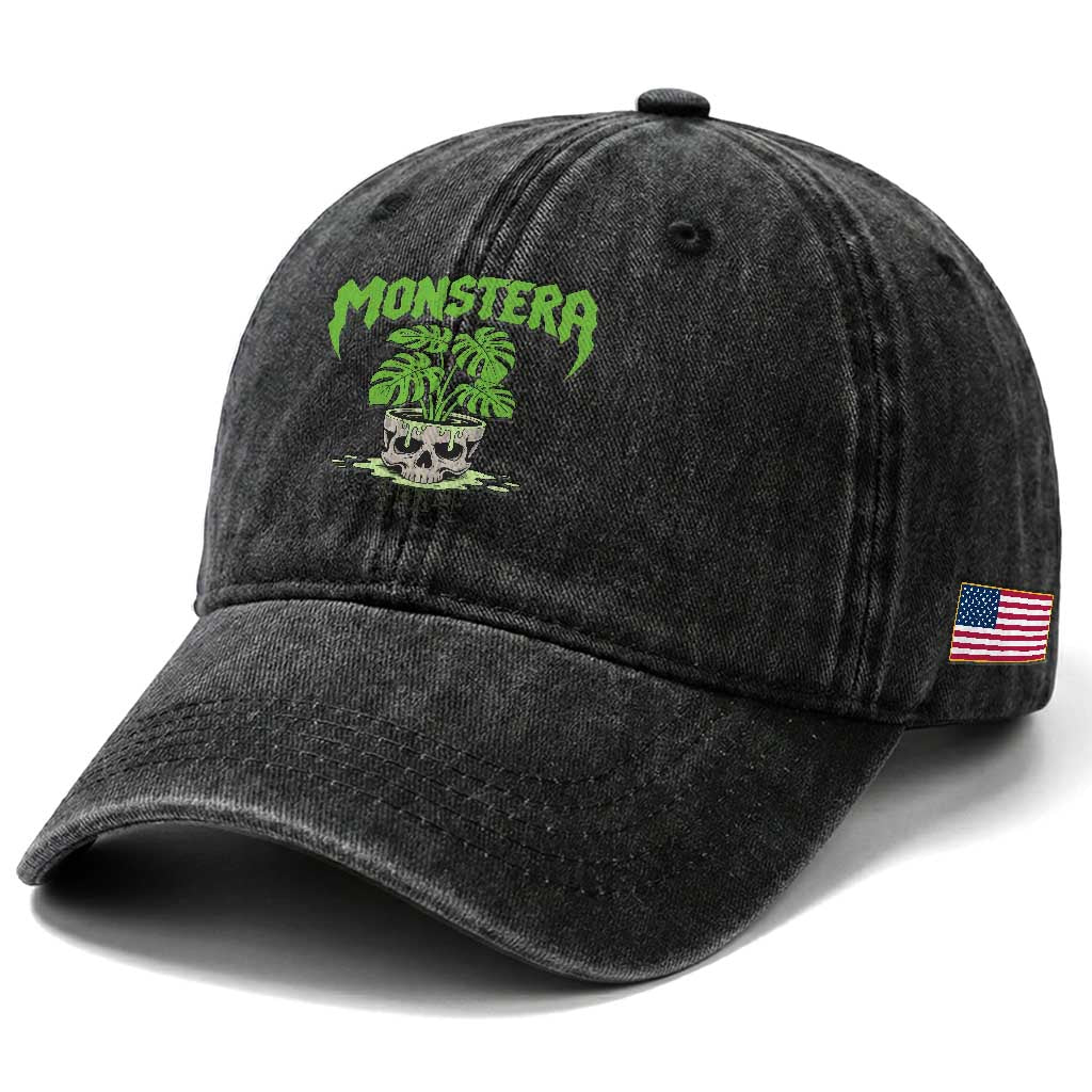 Monstera Lover Houseplant Gift Washed Cotton Baseball Cap Skull Plant Pot Graphic