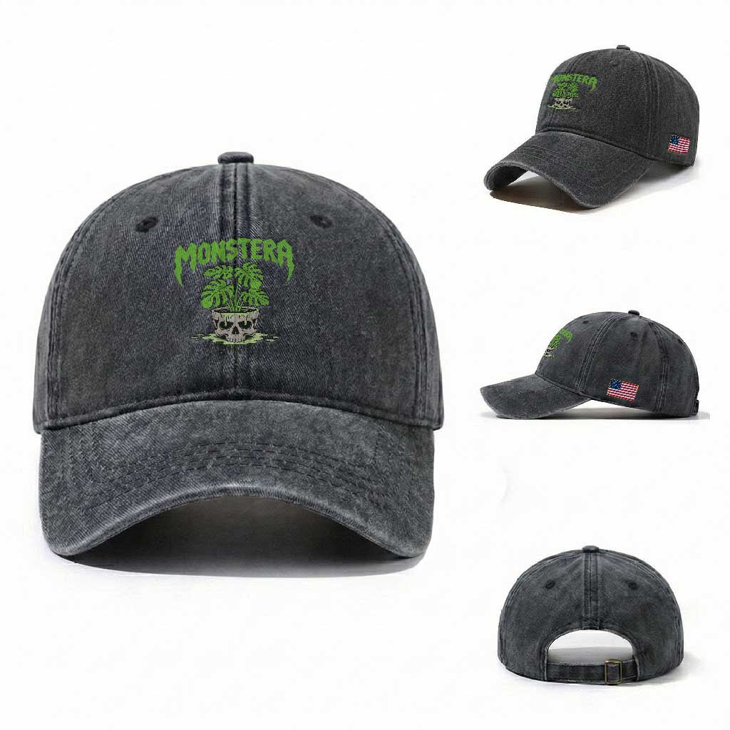 Monstera Lover Houseplant Gift Washed Cotton Baseball Cap Skull Plant Pot Graphic