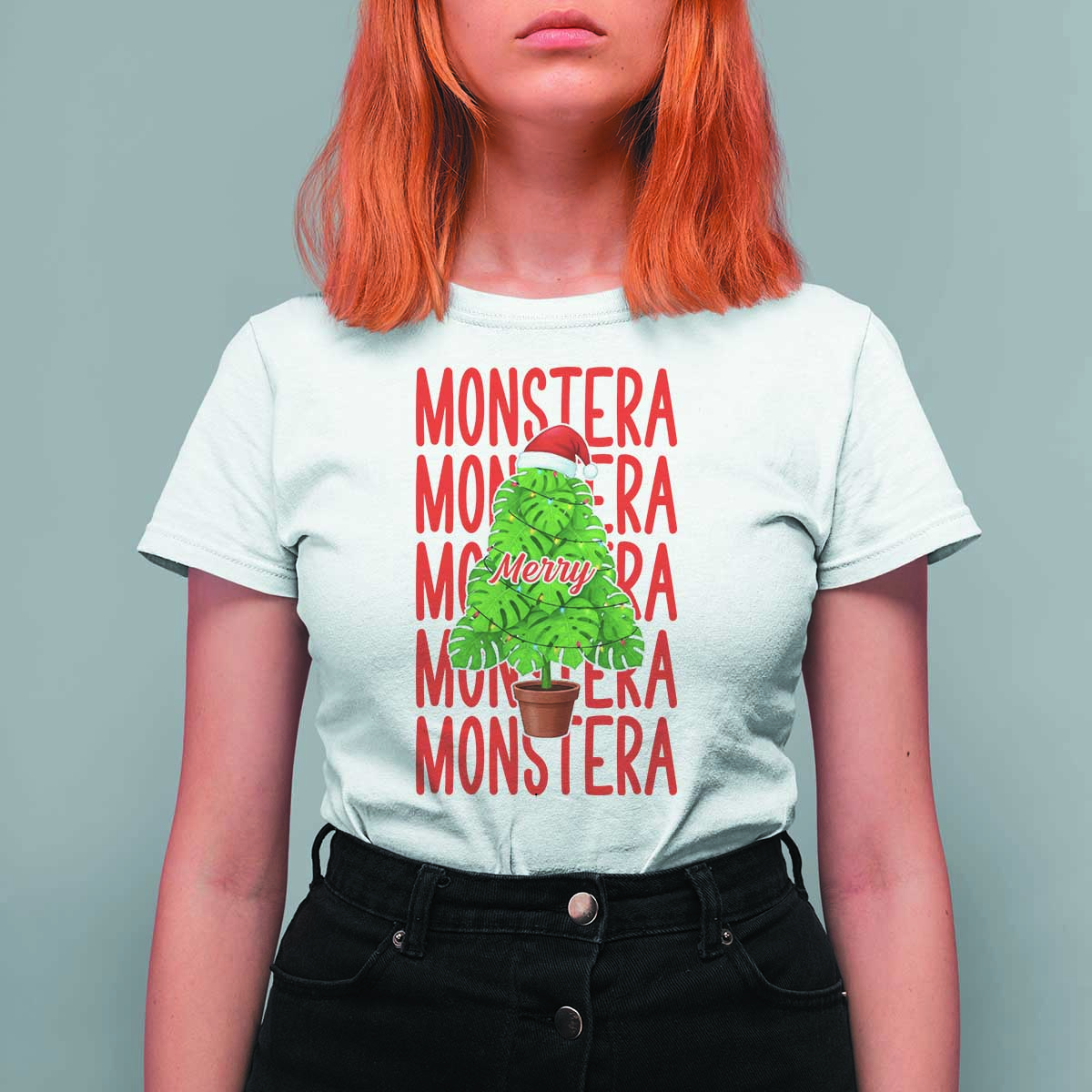 Merry Monstera T Shirt For Women Plant Lover Christmas Gift - Wonder Print Shop