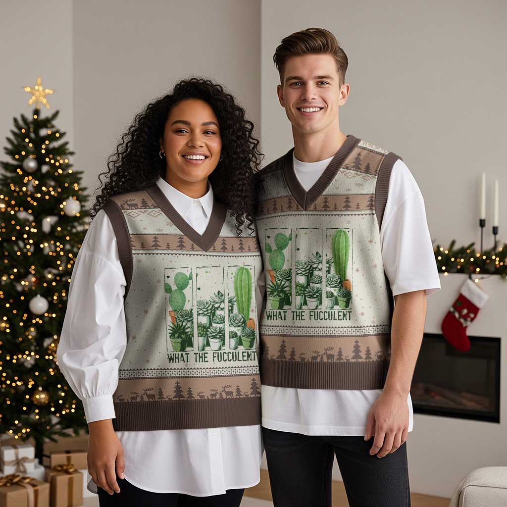 Funny Cactus Plant Lover V-Neck Knit Sweater Vest What The Fucculent - Wonder Print Shop