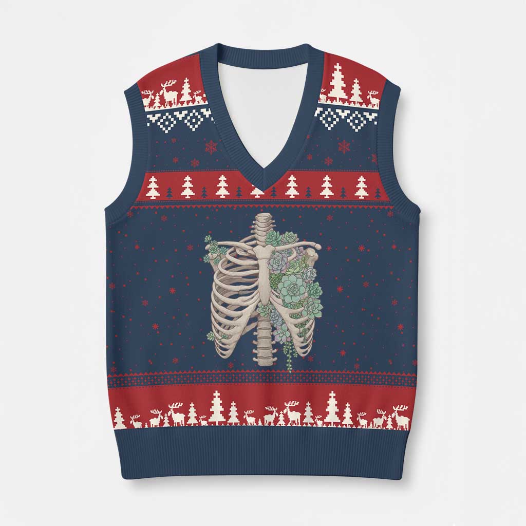 Succulent Body Skeleton V-Neck Knit Sweater Vest Creepy Plant Lover Gift - Wonder Print Shop