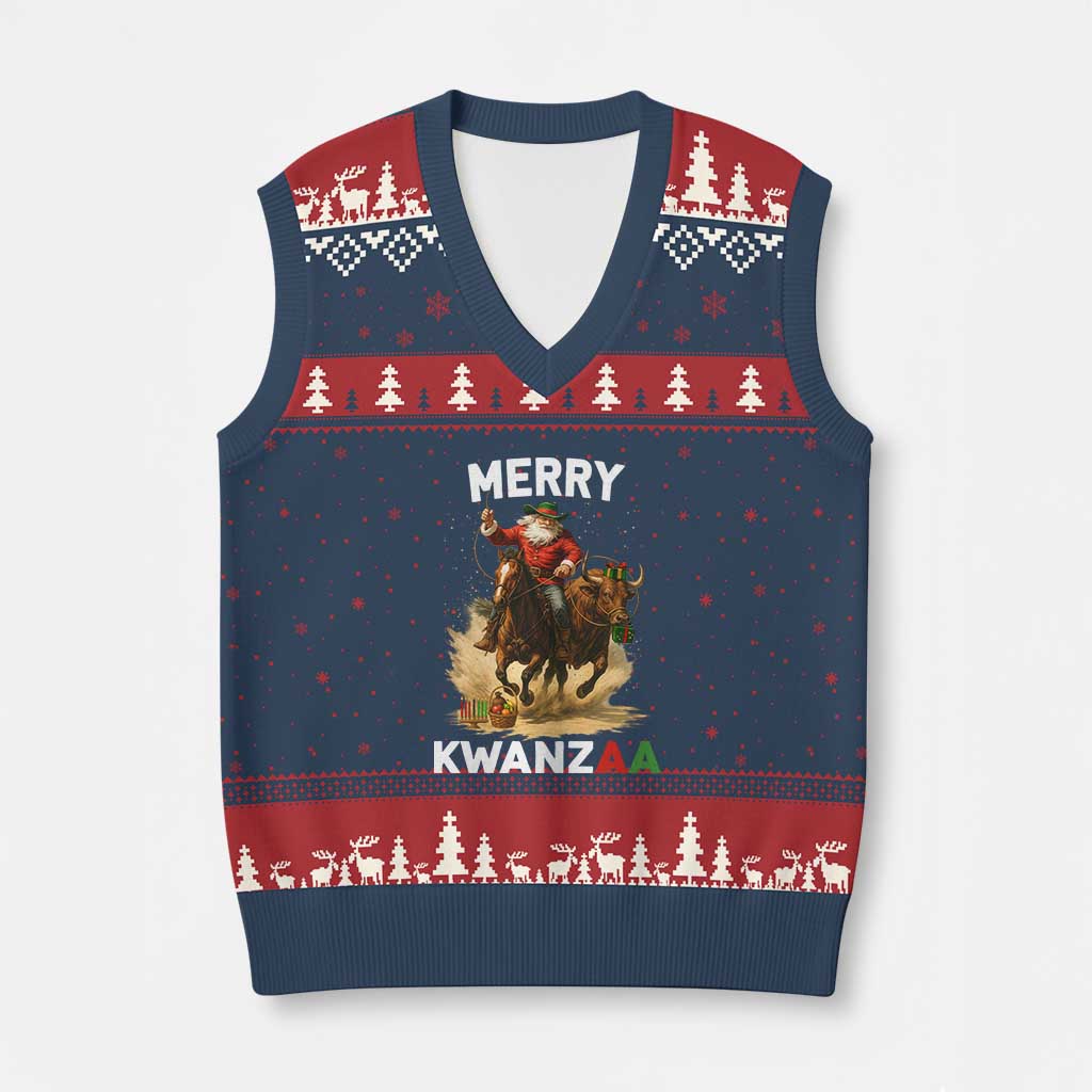 Funny Black Santa Cowboy V-Neck Knit Sweater Vest Merry Kwanzaa Cultural Pride Gift - Wonder Print Shop