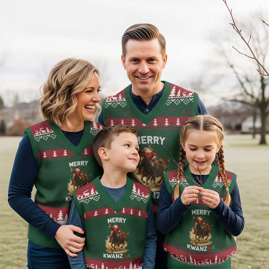 Funny Black Santa Cowboy V-Neck Knit Sweater Vest Merry Kwanzaa Cultural Pride Gift - Wonder Print Shop