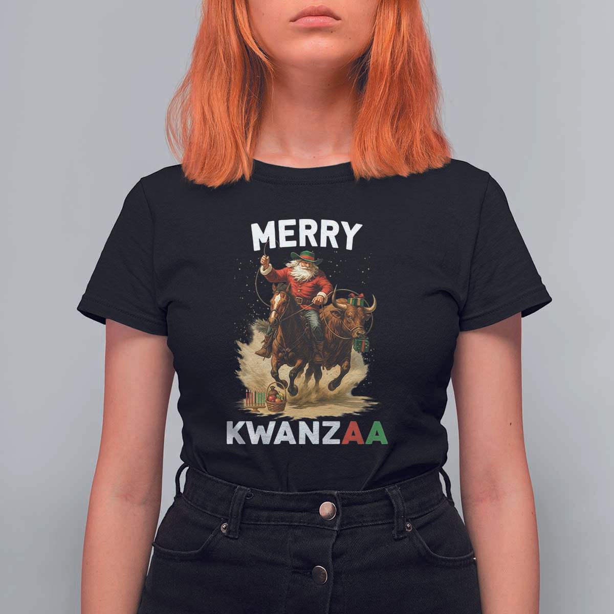 Funny Black Santa Cowboy T Shirt For Women Merry Kwanzaa Cultural Pride Gift - Wonder Print Shop