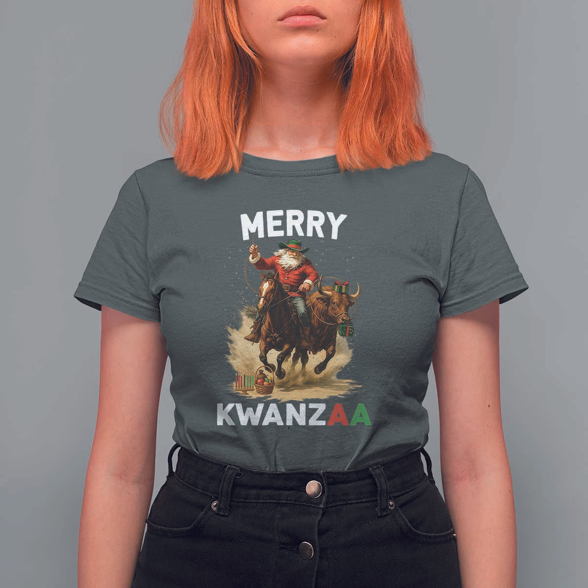 Funny Black Santa Cowboy T Shirt For Women Merry Kwanzaa Cultural Pride Gift - Wonder Print Shop