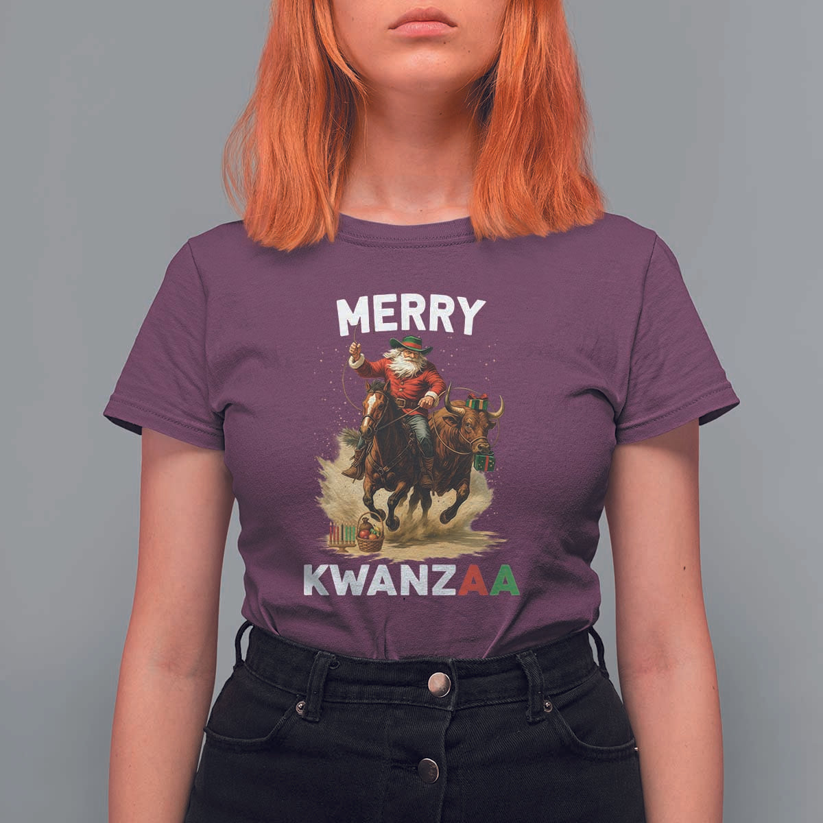 Funny Black Santa Cowboy T Shirt For Women Merry Kwanzaa Cultural Pride Gift - Wonder Print Shop