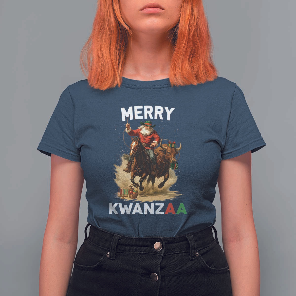 Funny Black Santa Cowboy T Shirt For Women Merry Kwanzaa Cultural Pride Gift - Wonder Print Shop