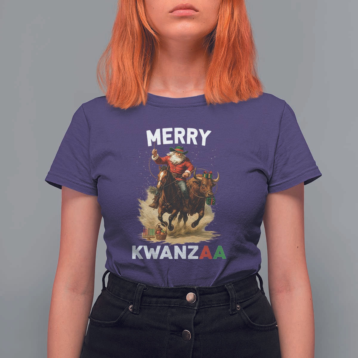 Funny Black Santa Cowboy T Shirt For Women Merry Kwanzaa Cultural Pride Gift - Wonder Print Shop