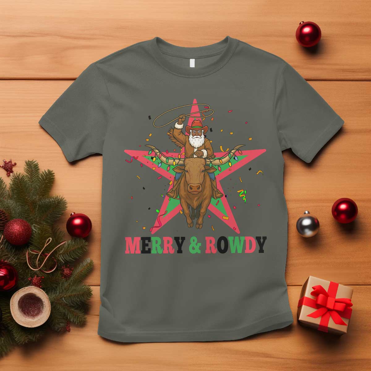 Merry And Rowdy Kwanzaa Santa Cowboy Christmas Gift T Shirt - Wonder Print Shop