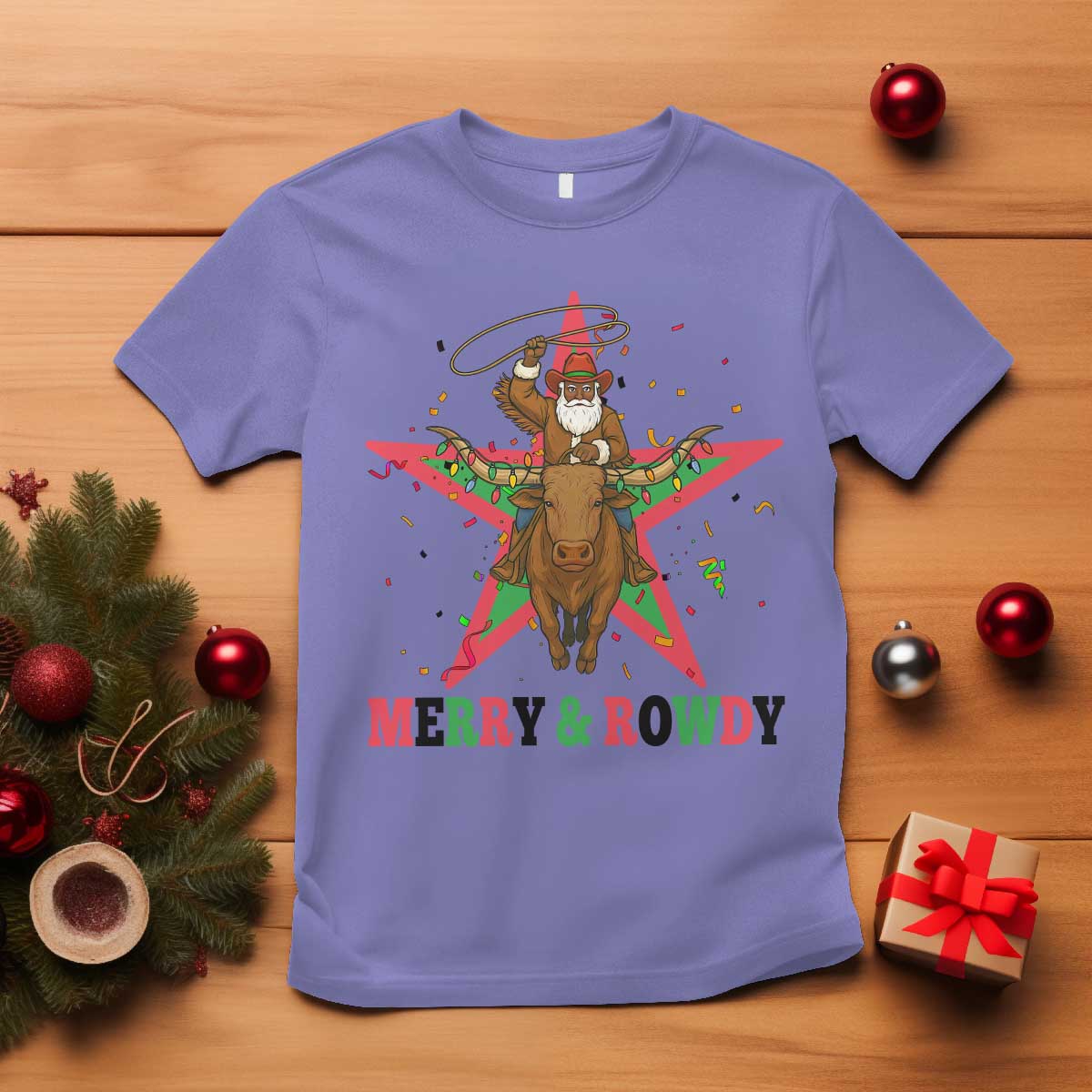 Merry And Rowdy Kwanzaa Santa Cowboy Christmas Gift T Shirt - Wonder Print Shop