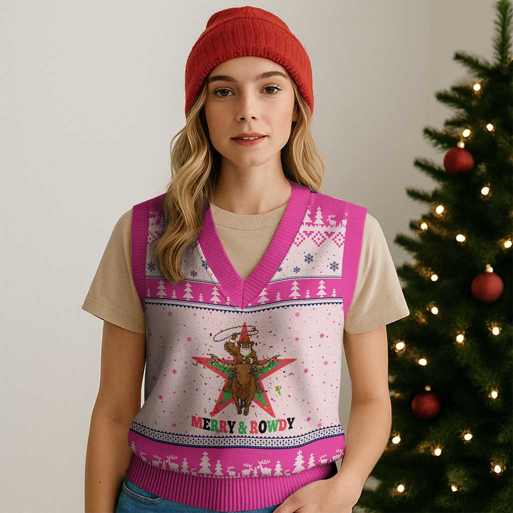 Merry And Rowdy Kwanzaa Santa Cowboy Xmas Gift V-Neck Knit Sweater Vest - Wonder Print Shop