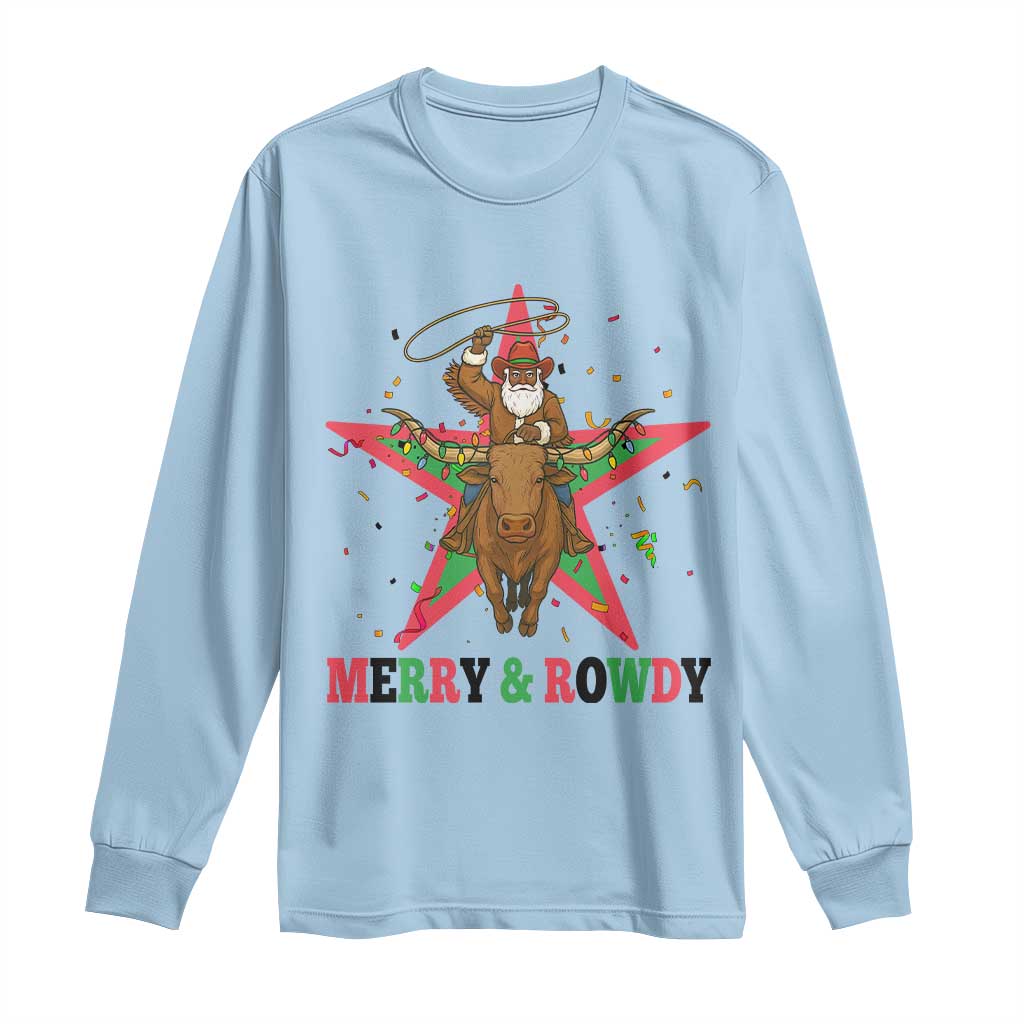 Merry And Rowdy Kwanzaa Santa Cowboy Christmas Gift Long Sleeve Shirt - Wonder Print Shop