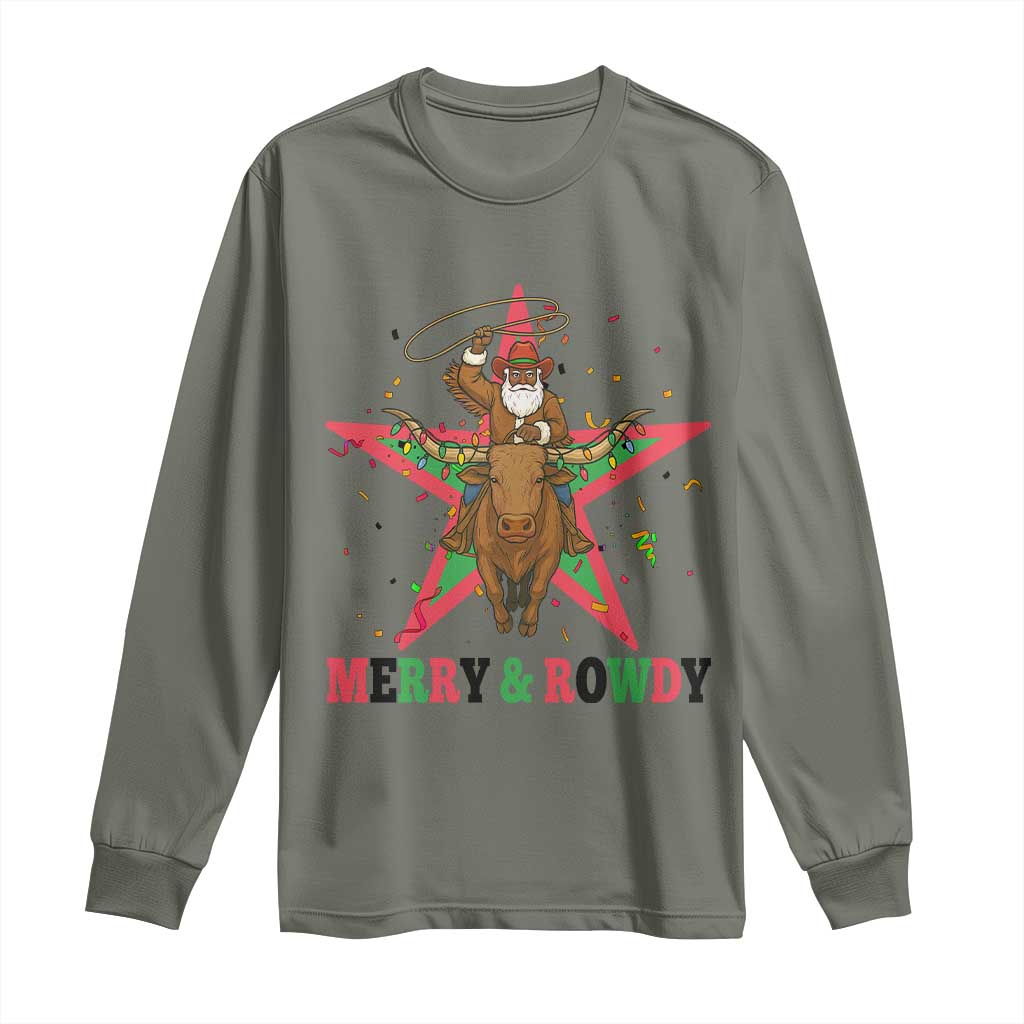 Merry And Rowdy Kwanzaa Santa Cowboy Christmas Gift Long Sleeve Shirt - Wonder Print Shop