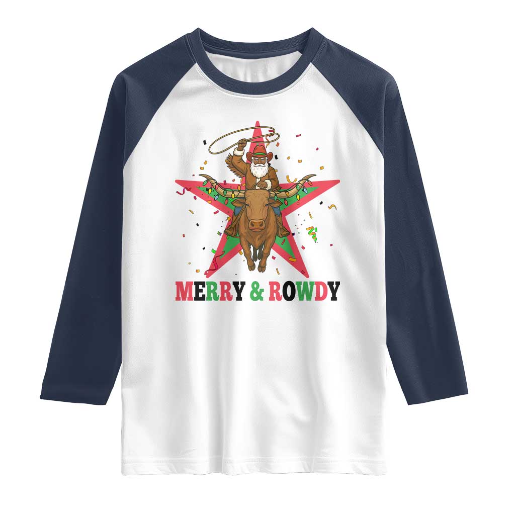 Merry And Rowdy Kwanzaa Santa Cowboy Christmas Gift Raglan Shirt - Wonder Print Shop