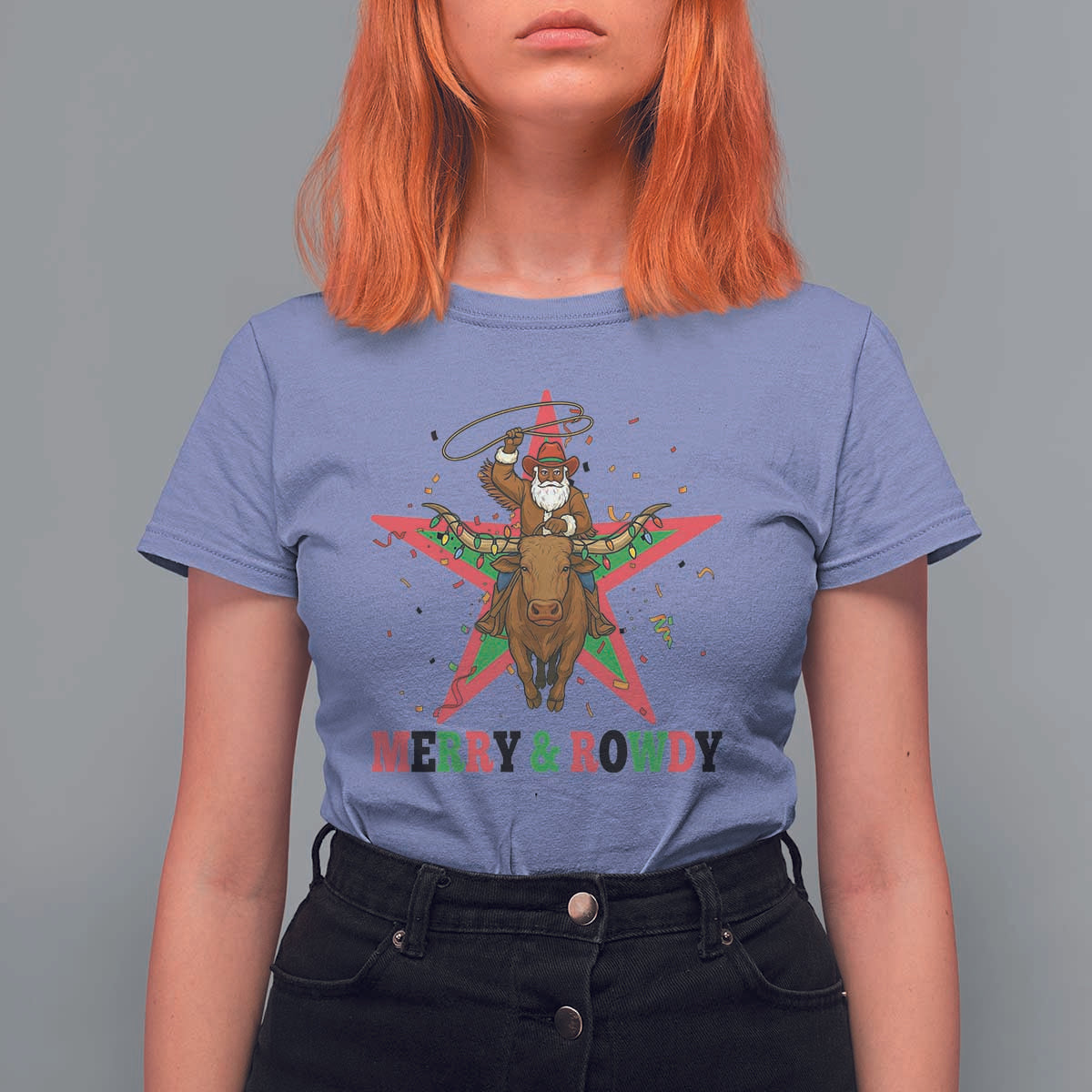 Merry And Rowdy Kwanzaa Santa Cowboy Christmas Gift T Shirt For Women - Wonder Print Shop