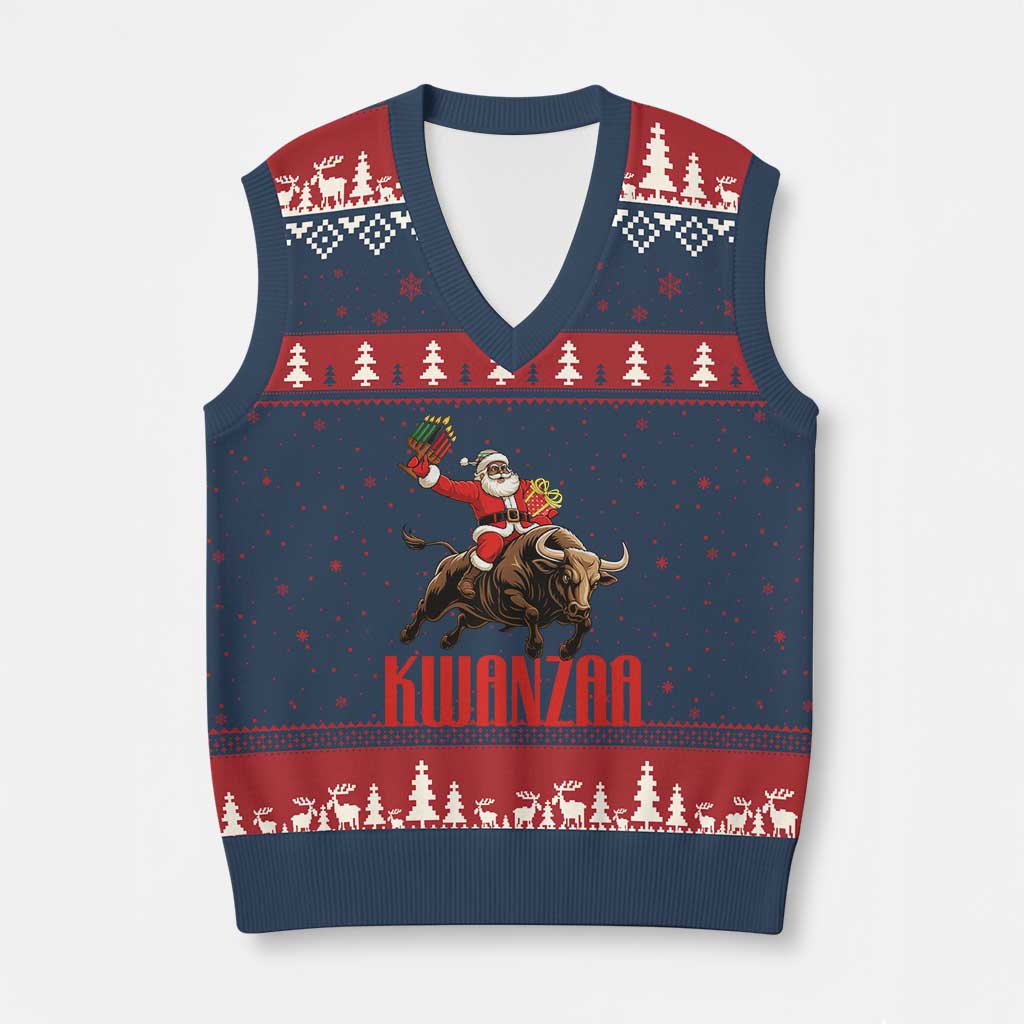 Happy Kwanzaa V-Neck Knit Sweater Vest Rodeo Black Santa African American Holiday Gift - Wonder Print Shop