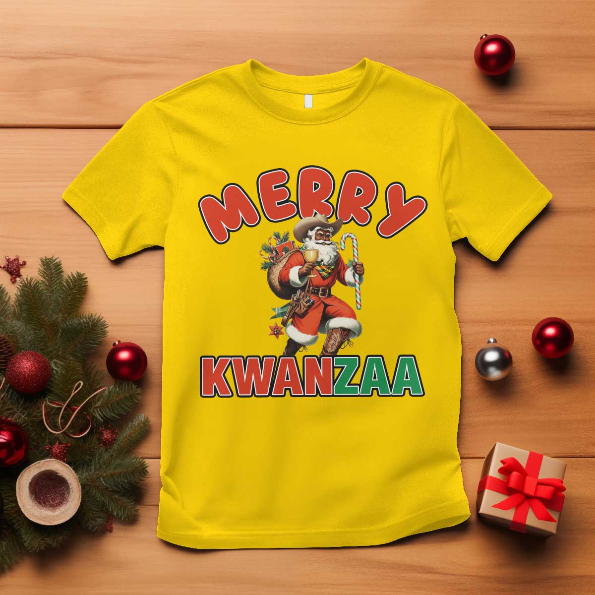 Merry Kwanzaa Cowboy Black Santa T Shirt African American Christmas Gift - Wonder Print Shop