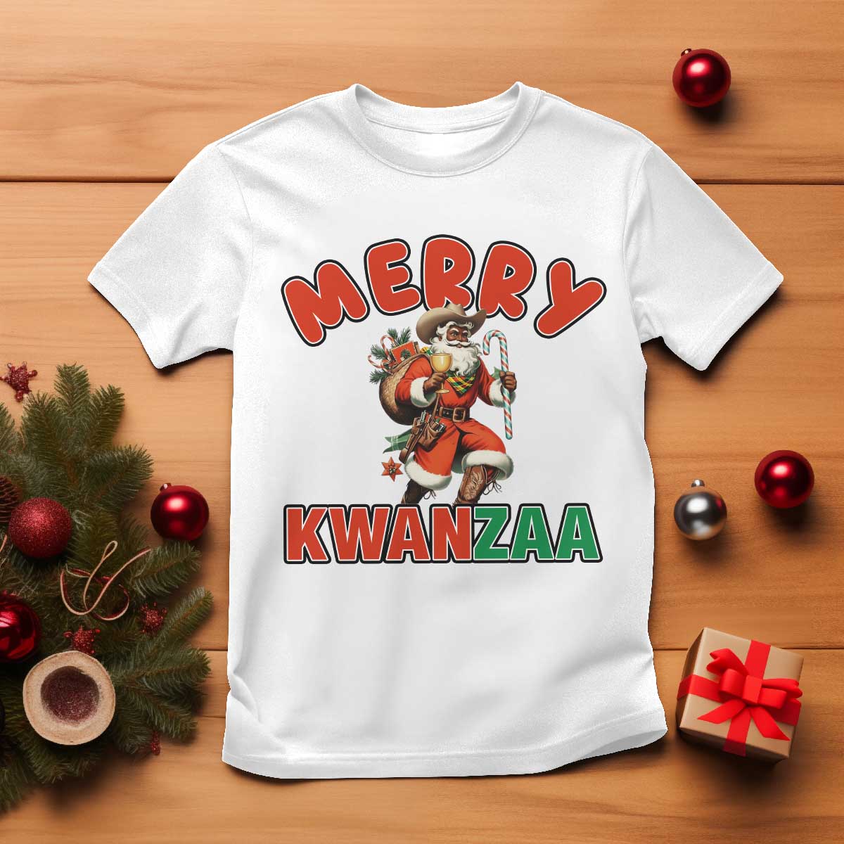 Merry Kwanzaa Cowboy Black Santa T Shirt African American Christmas Gift - Wonder Print Shop