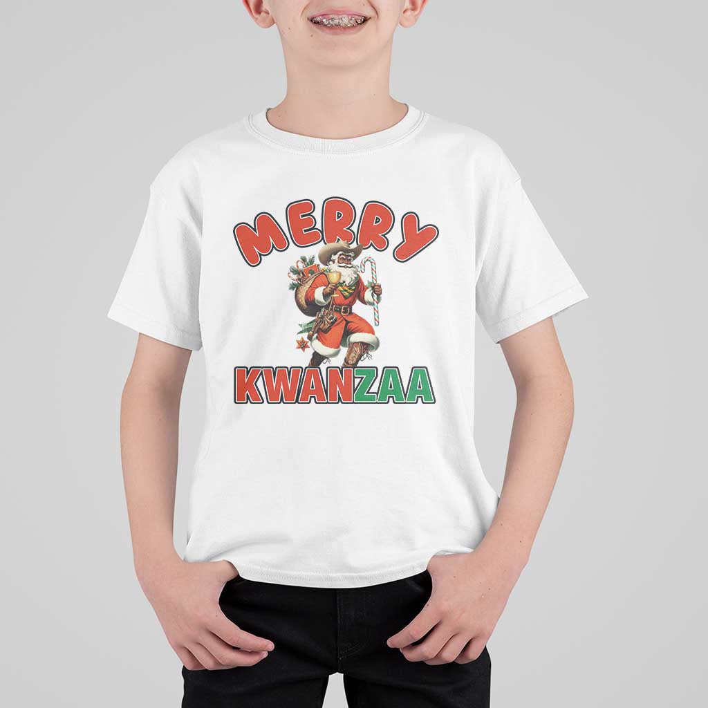 Merry Kwanzaa Cowboy Black Santa T Shirt For Kid African American Christmas Gift - Wonder Print Shop