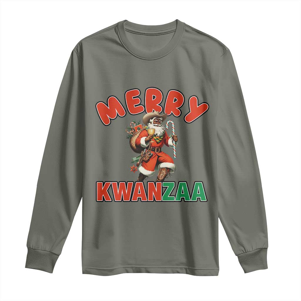Merry Kwanzaa Cowboy Black Santa Long Sleeve Shirt African American Christmas Gift - Wonder Print Shop