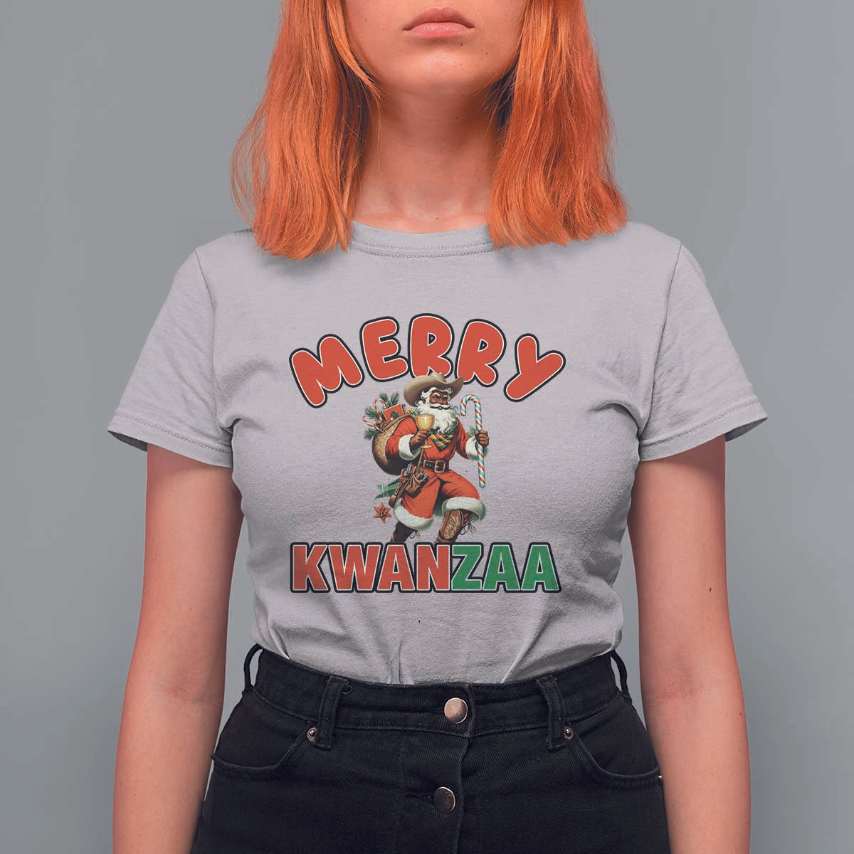 Merry Kwanzaa Cowboy Black Santa T Shirt For Women African American Christmas Gift - Wonder Print Shop