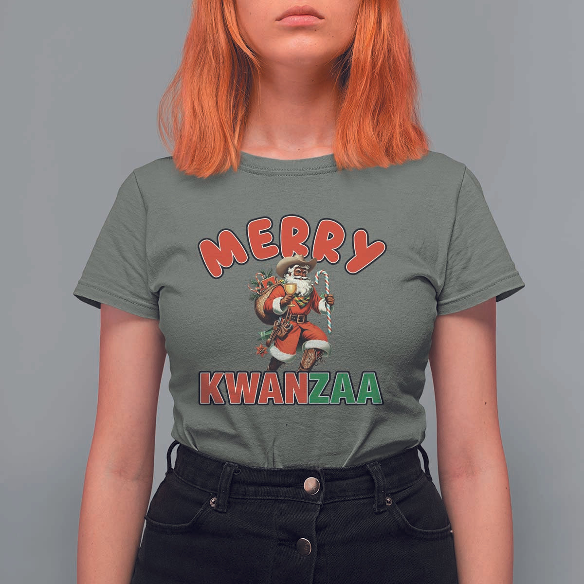 Merry Kwanzaa Cowboy Black Santa T Shirt For Women African American Christmas Gift - Wonder Print Shop