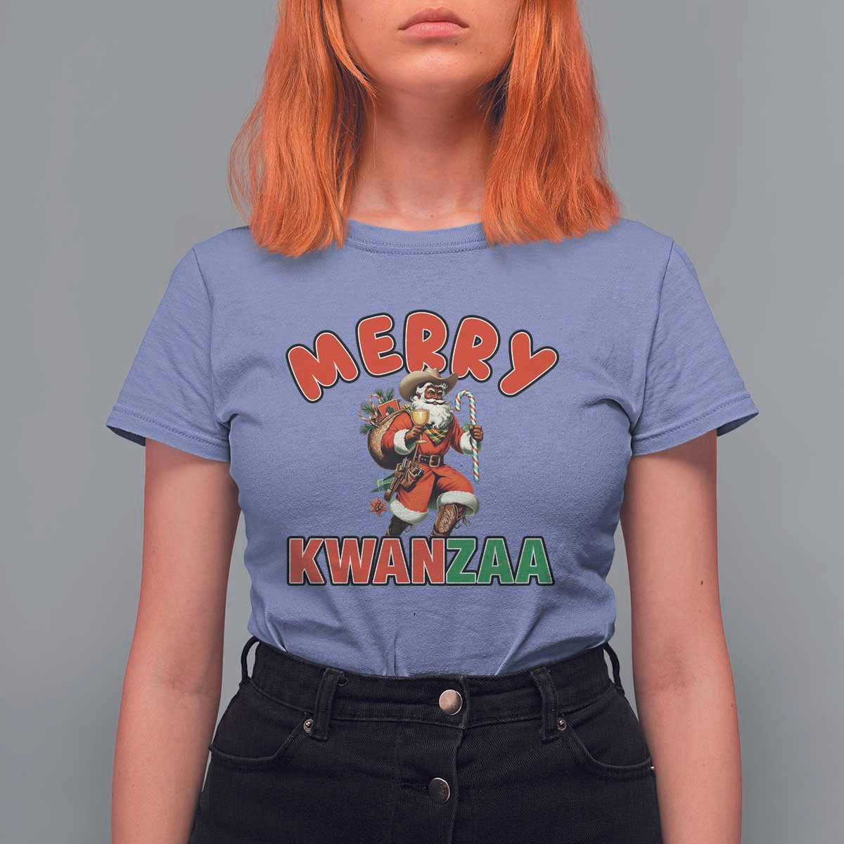 Merry Kwanzaa Cowboy Black Santa T Shirt For Women African American Christmas Gift - Wonder Print Shop