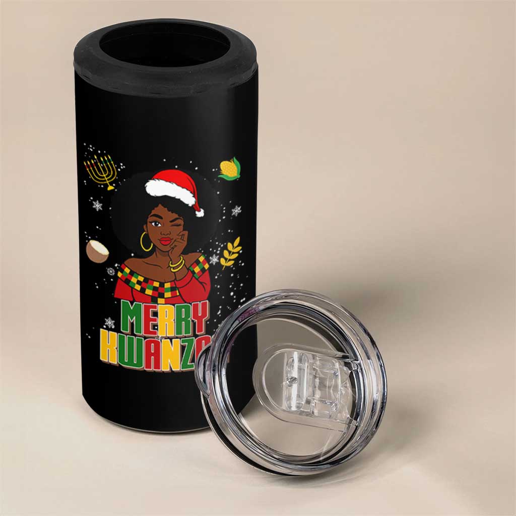 Merry Kwanzaa African American Girl Santa Hat 4 in 1 Can Cooler Tumbler Christmas Gift - Wonder Print Shop