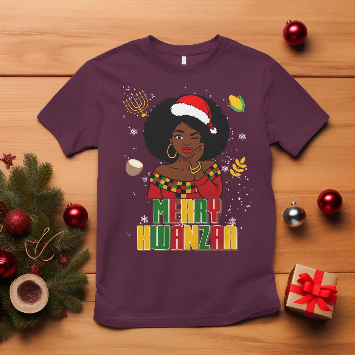 Merry Kwanzaa African American Girl Santa Hat T Shirt Christmas Gift - Wonder Print Shop