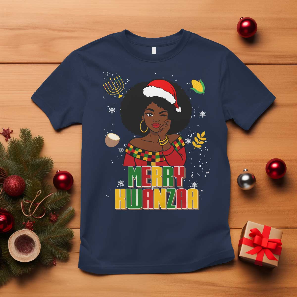 Merry Kwanzaa African American Girl Santa Hat T Shirt Christmas Gift - Wonder Print Shop