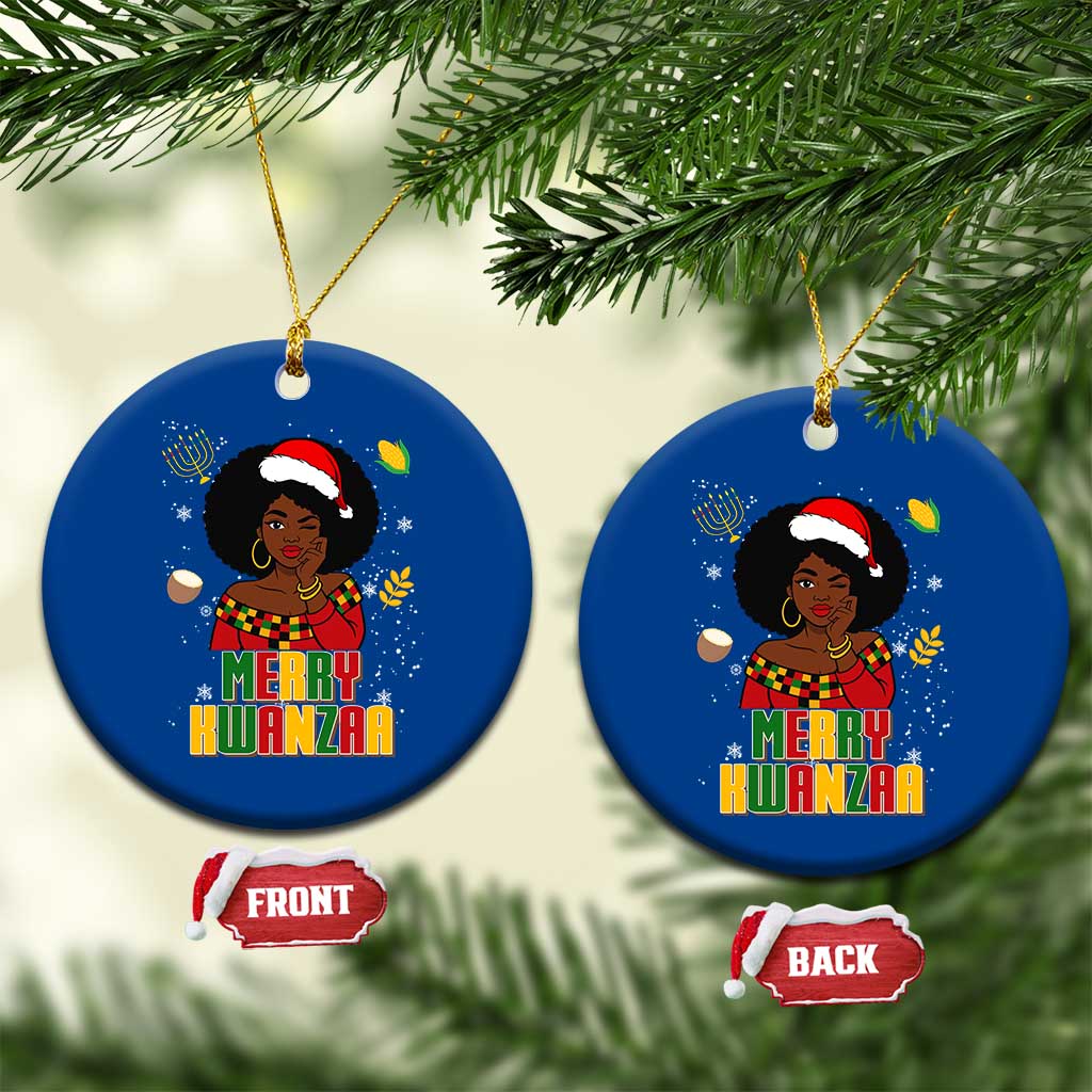 Merry Kwanzaa African American Girl Santa Hat Ceramic Ornament Christmas Gift - Wonder Print Shop