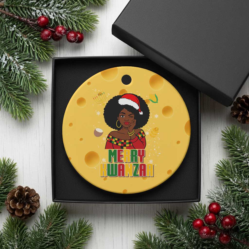 Merry Kwanzaa African American Girl Santa Hat Ceramic Ornament Christmas Gift - Wonder Print Shop