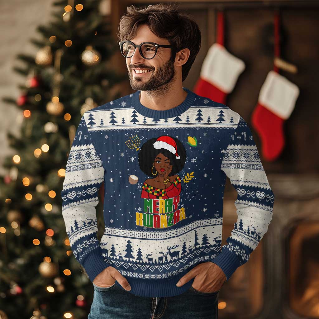 Merry Kwanzaa African American Girl Santa Hat Ugly Christmas Sweater Xmas Gift - Wonder Print Shop