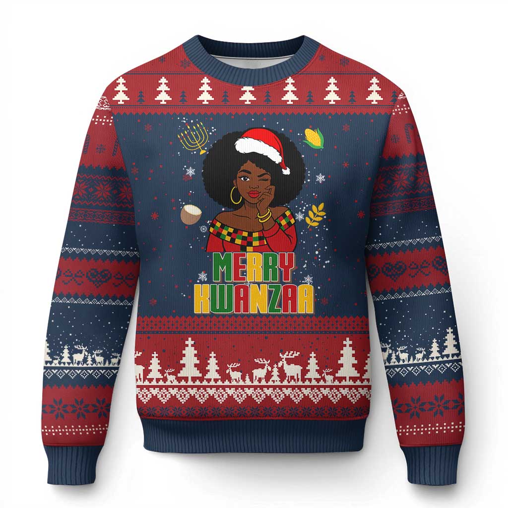 Merry Kwanzaa African American Girl Santa Hat Ugly Christmas Sweater Xmas Gift - Wonder Print Shop