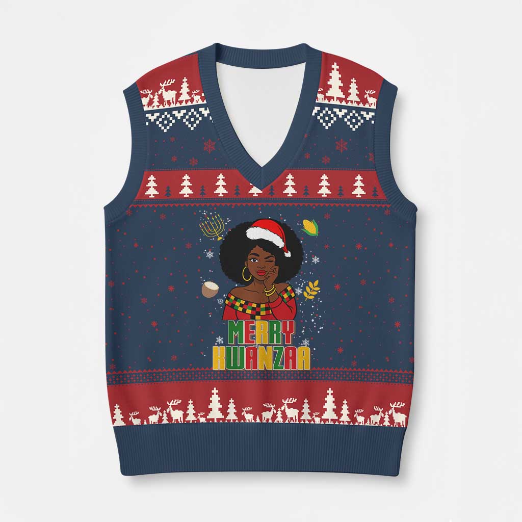 Merry Kwanzaa African American Girl Santa Hat V-Neck Knit Sweater Vest Xmas Gift - Wonder Print Shop