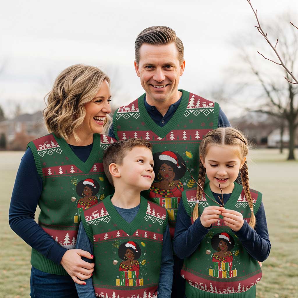 Merry Kwanzaa African American Girl Santa Hat V-Neck Knit Sweater Vest Xmas Gift - Wonder Print Shop