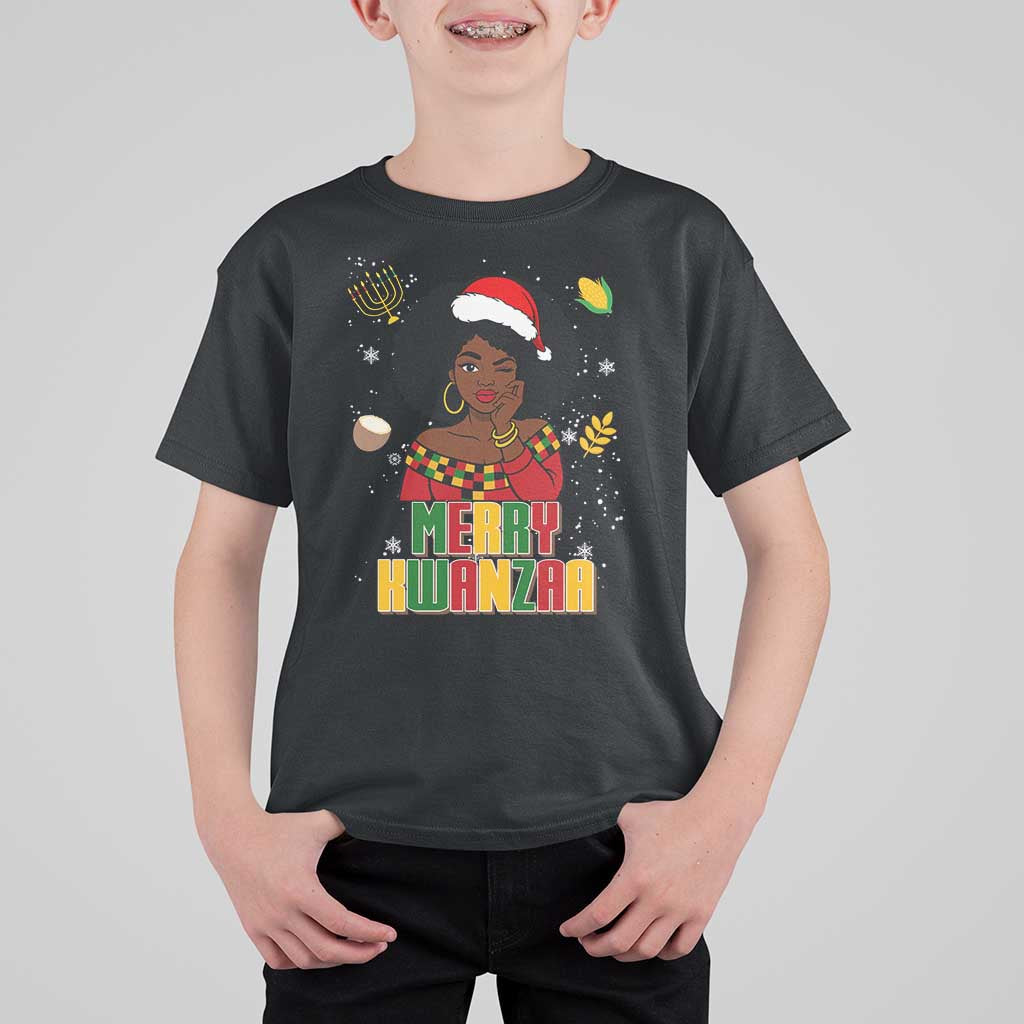 Merry Kwanzaa African American Girl Santa Hat T Shirt For Kid Christmas Gift - Wonder Print Shop