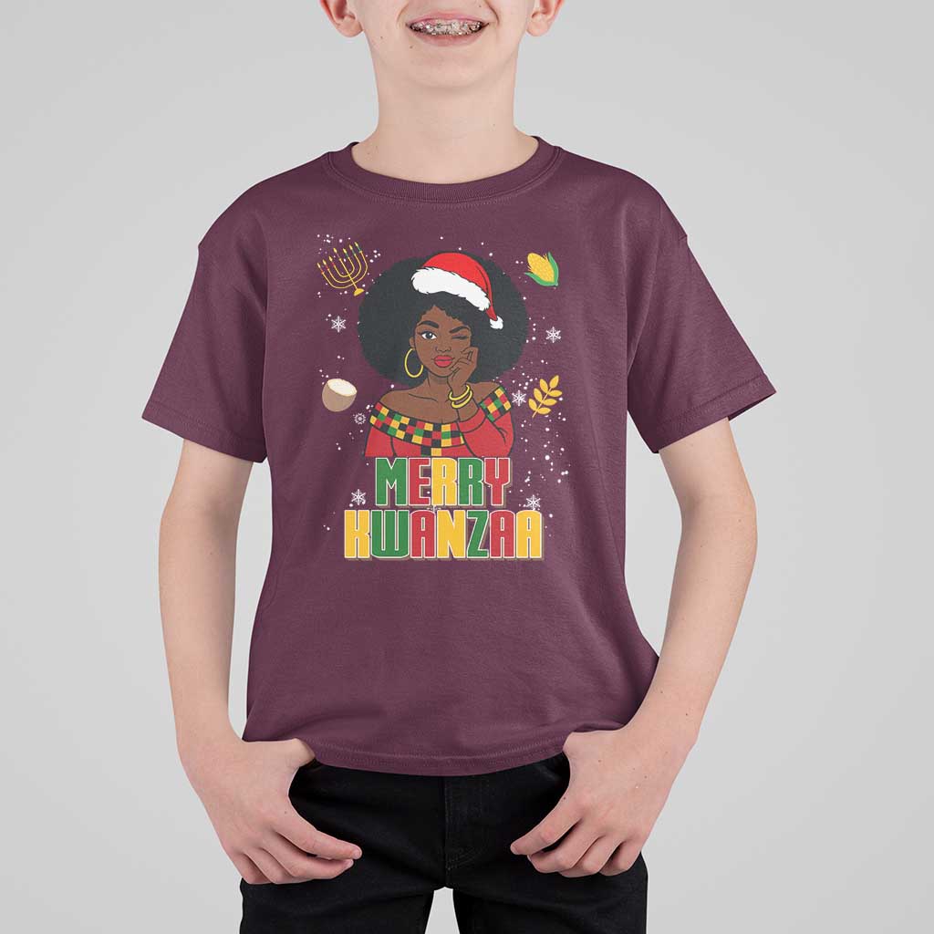 Merry Kwanzaa African American Girl Santa Hat T Shirt For Kid Christmas Gift - Wonder Print Shop