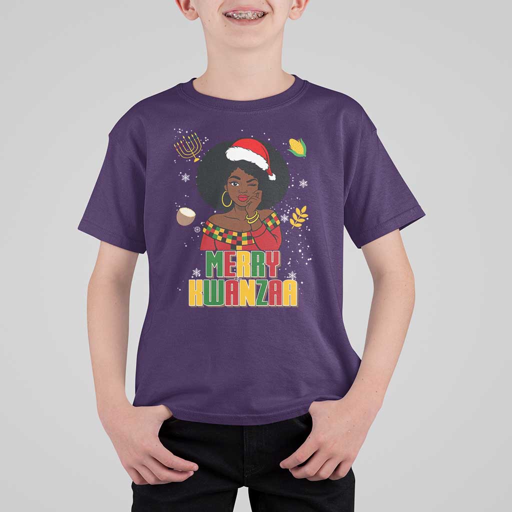 Merry Kwanzaa African American Girl Santa Hat T Shirt For Kid Christmas Gift - Wonder Print Shop