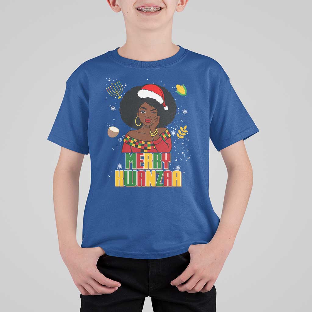 Merry Kwanzaa African American Girl Santa Hat T Shirt For Kid Christmas Gift - Wonder Print Shop
