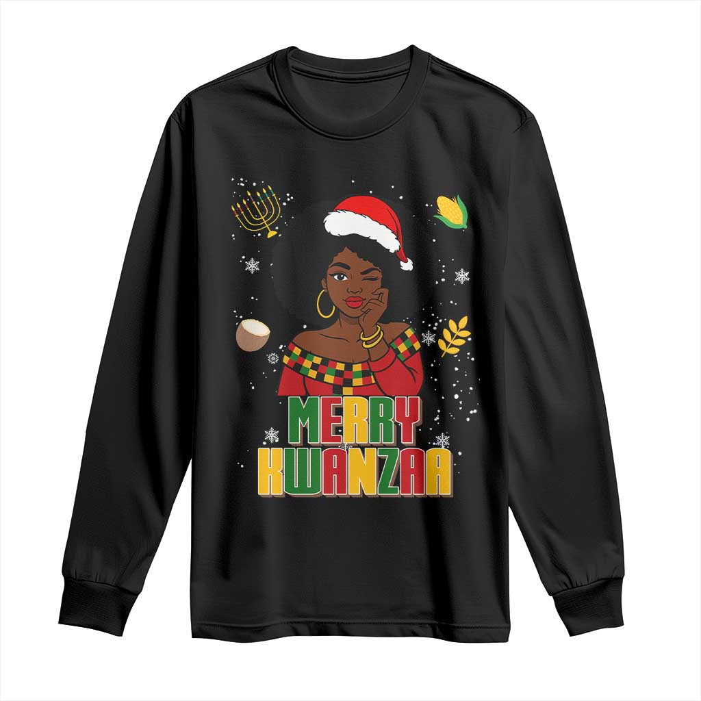 Merry Kwanzaa African American Girl Santa Hat Long Sleeve Shirt Christmas Gift - Wonder Print Shop