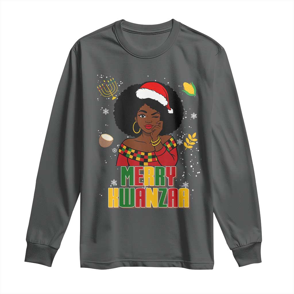 Merry Kwanzaa African American Girl Santa Hat Long Sleeve Shirt Christmas Gift - Wonder Print Shop