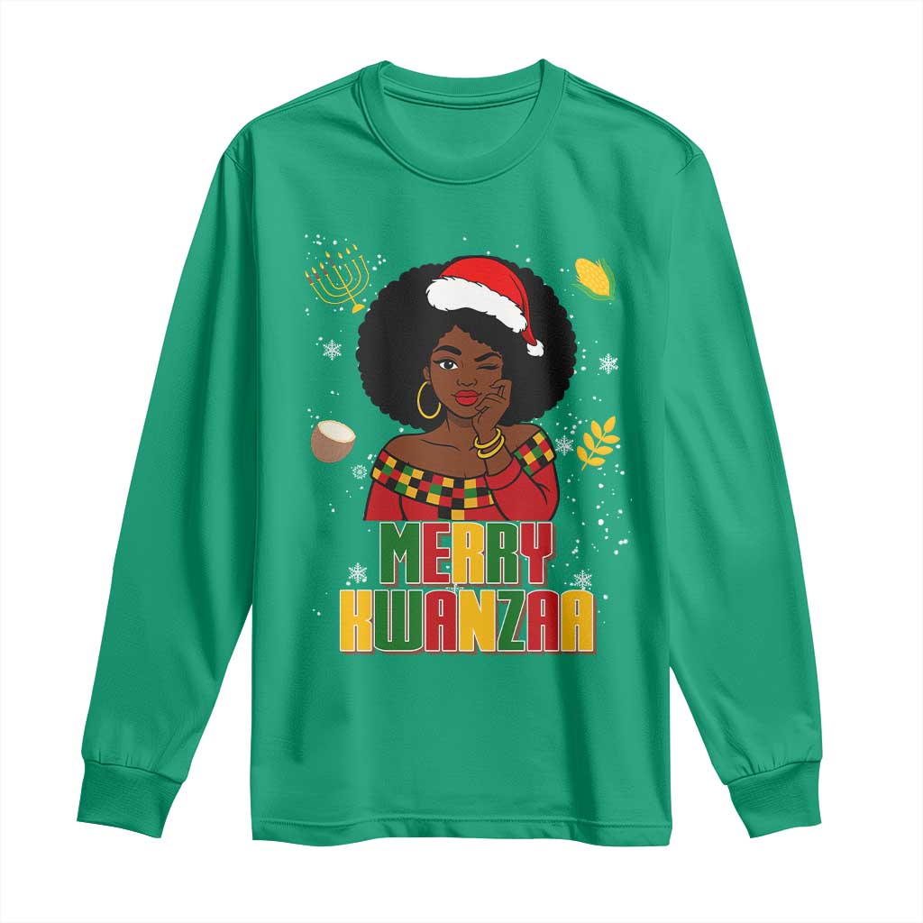 Merry Kwanzaa African American Girl Santa Hat Long Sleeve Shirt Christmas Gift - Wonder Print Shop