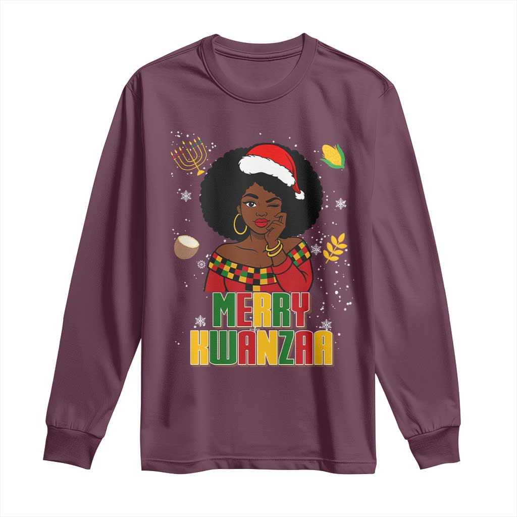Merry Kwanzaa African American Girl Santa Hat Long Sleeve Shirt Christmas Gift - Wonder Print Shop