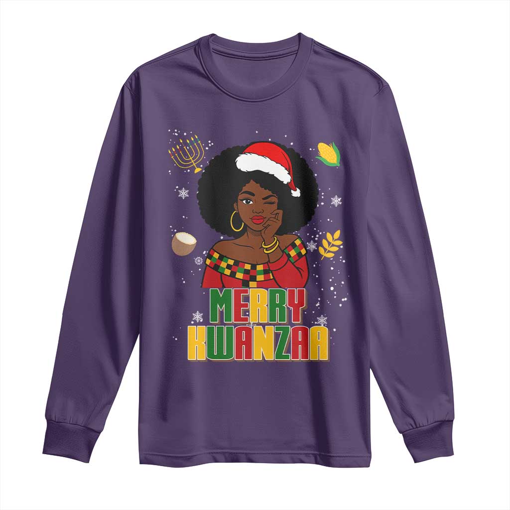 Merry Kwanzaa African American Girl Santa Hat Long Sleeve Shirt Christmas Gift - Wonder Print Shop